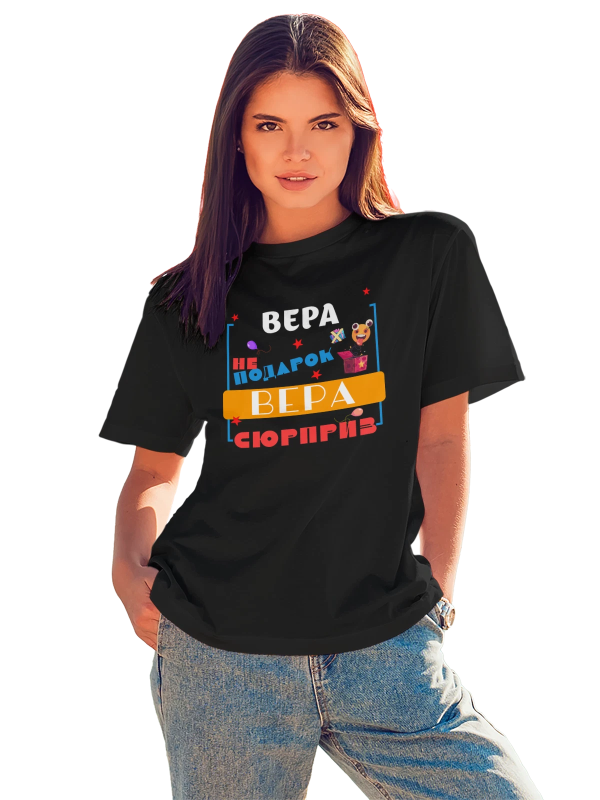 Футболка Имя Вера чёрная с принтом — персональный подарок — Чёрная, фото 1
