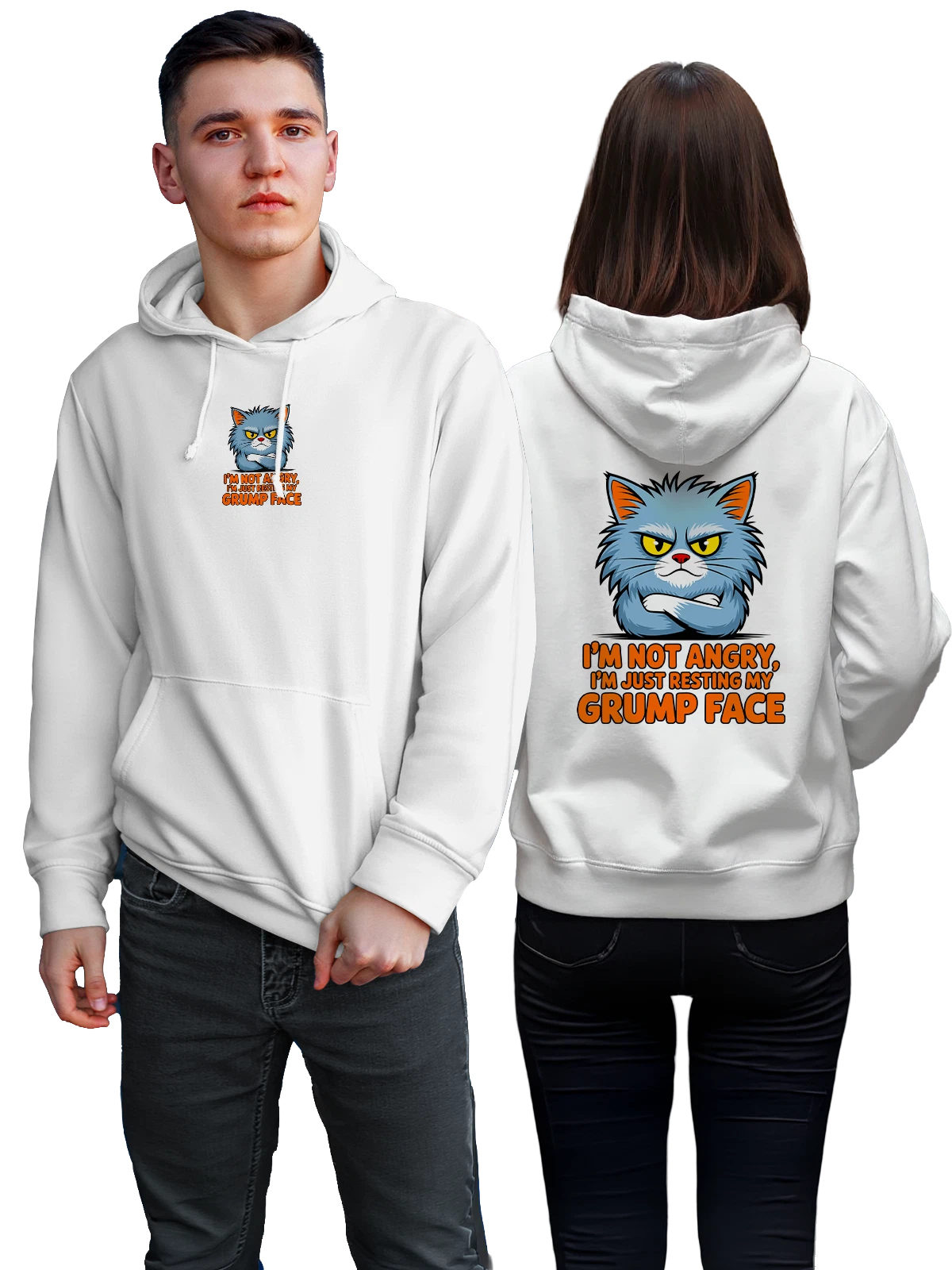 Худи Сердитый серый кот с надписью Grump Face белое с принтом — кот с надписью — Белая, фото 1