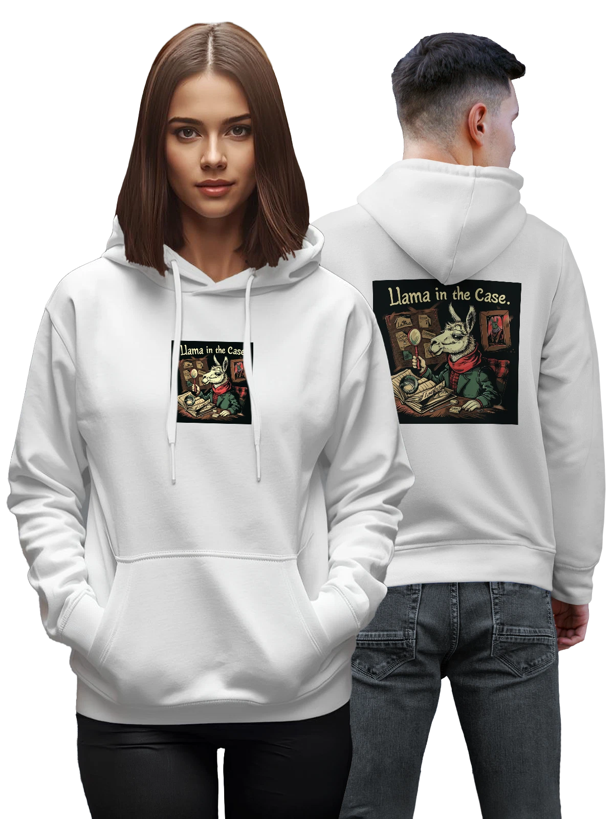 Худи Лама детектив с лупой и делом в Лондоне белое с принтом — лупа — Белая, фото 1