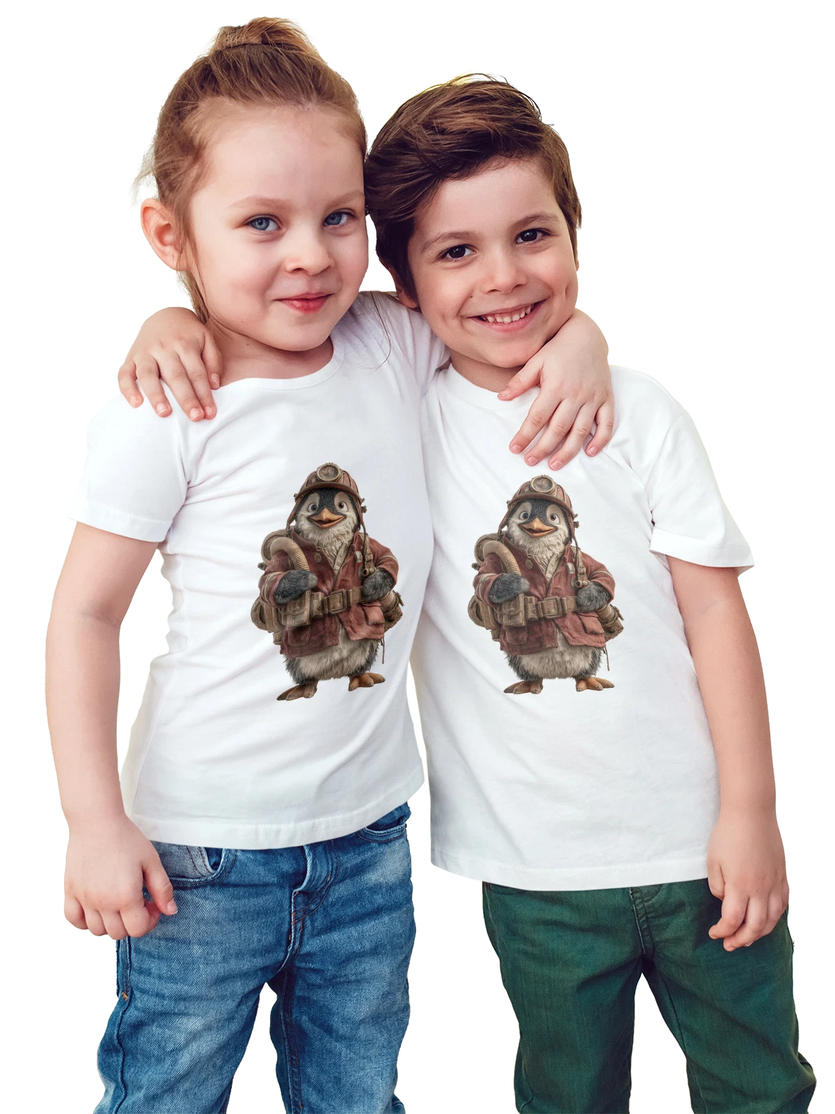 Футболка детская Пингвин в пилотском шлеме и красной куртке белая с принтом — рюкзак — Белая, фото 1