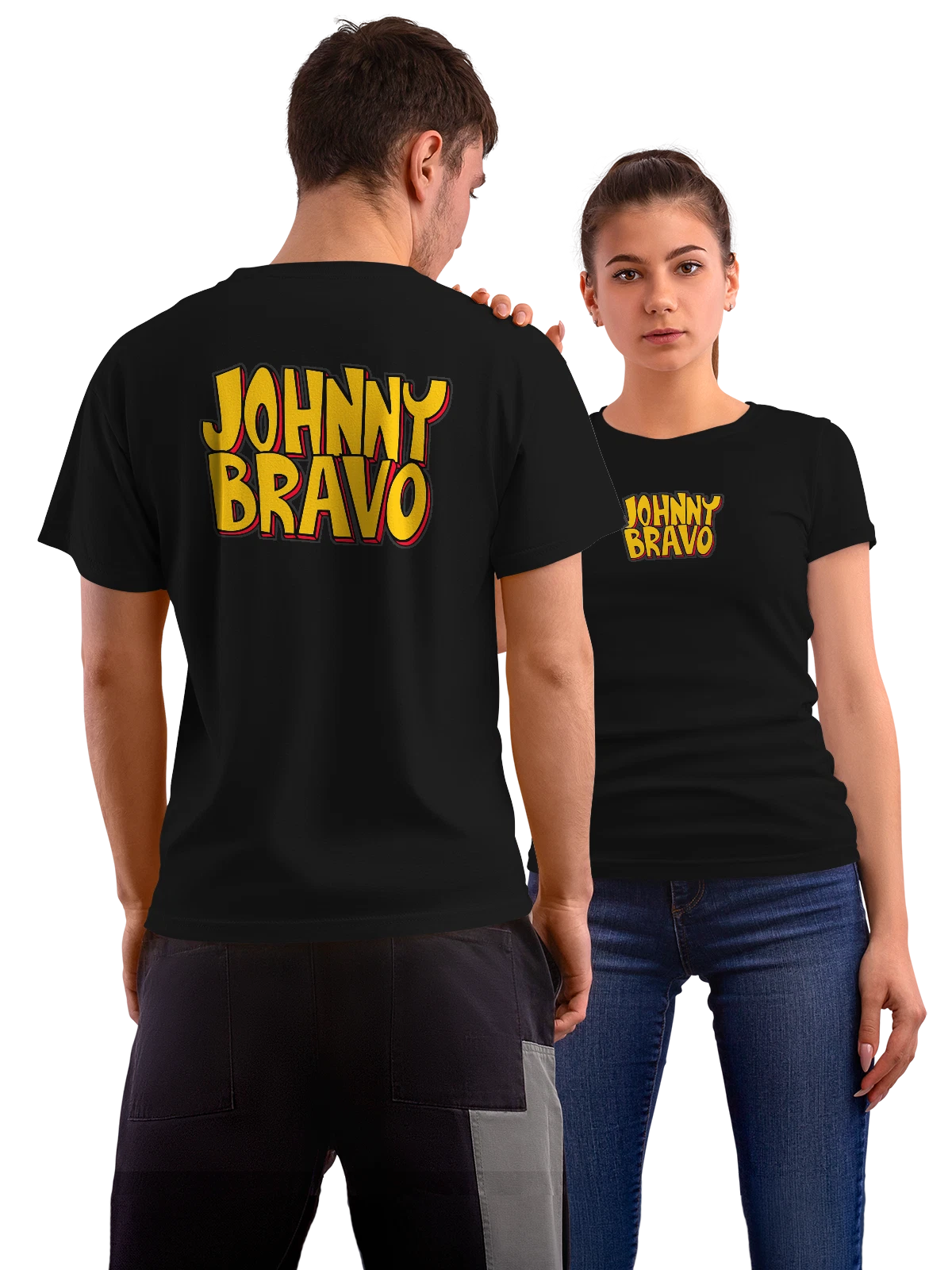 Футболка Надпись Johnny Bravo Джонни Браво чёрная с принтом на спине — ностальгия по мультфильмам — Чёрная, фото 1