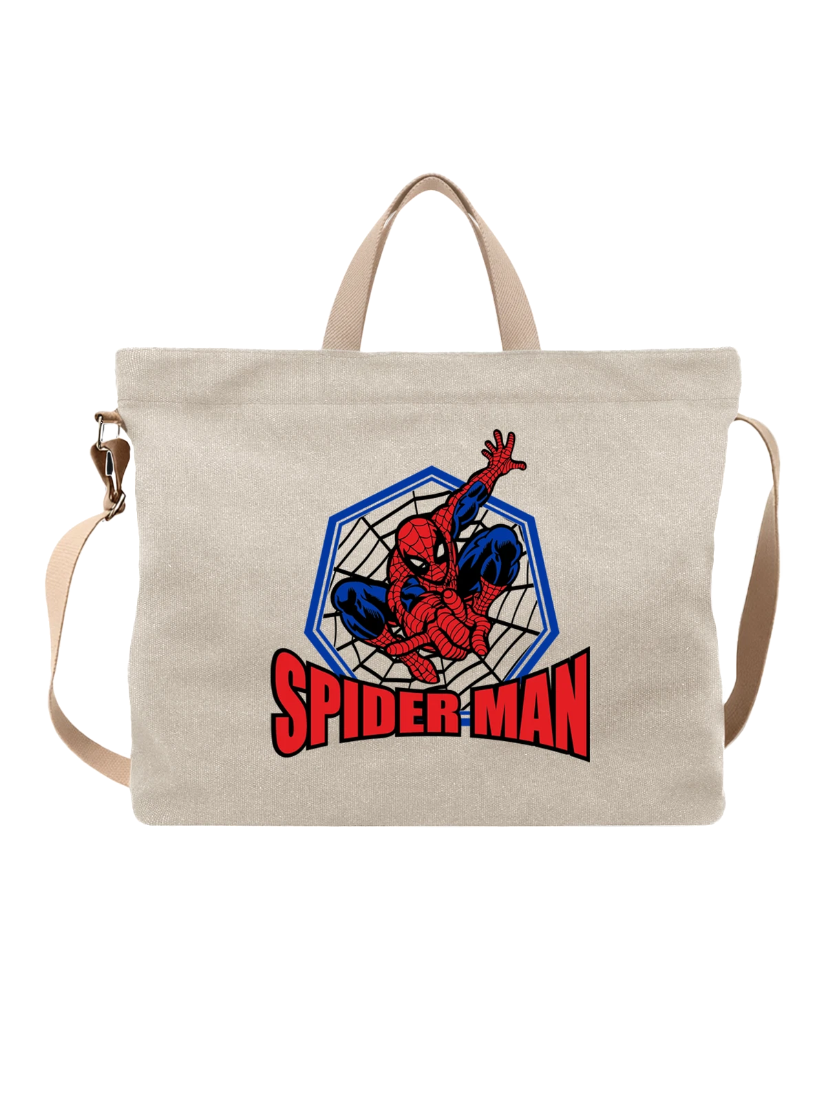 Сумка бежевая с принтом Человек-паук Spider-Man в красно синем костюме — красно синий костюм — Бежевая, фото 1