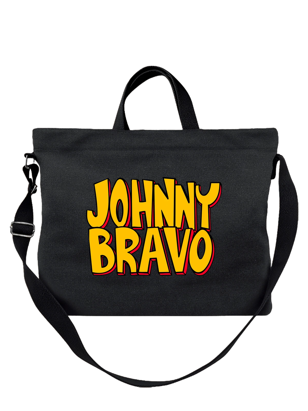 Сумка Надпись Johnny Bravo Джонни Браво чёрная с принтом — ностальгия по мультфильмам — Чёрная, фото 1