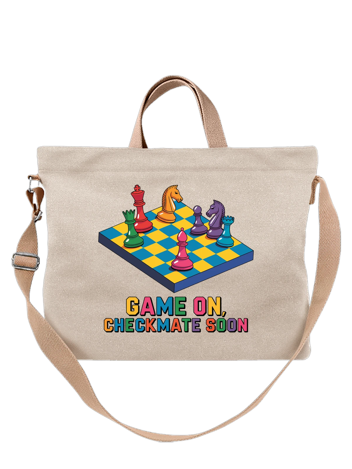 Сумка бежевая с принтом Шахматная доска Game On Checkmate Soon — game on — Бежевая, фото 1