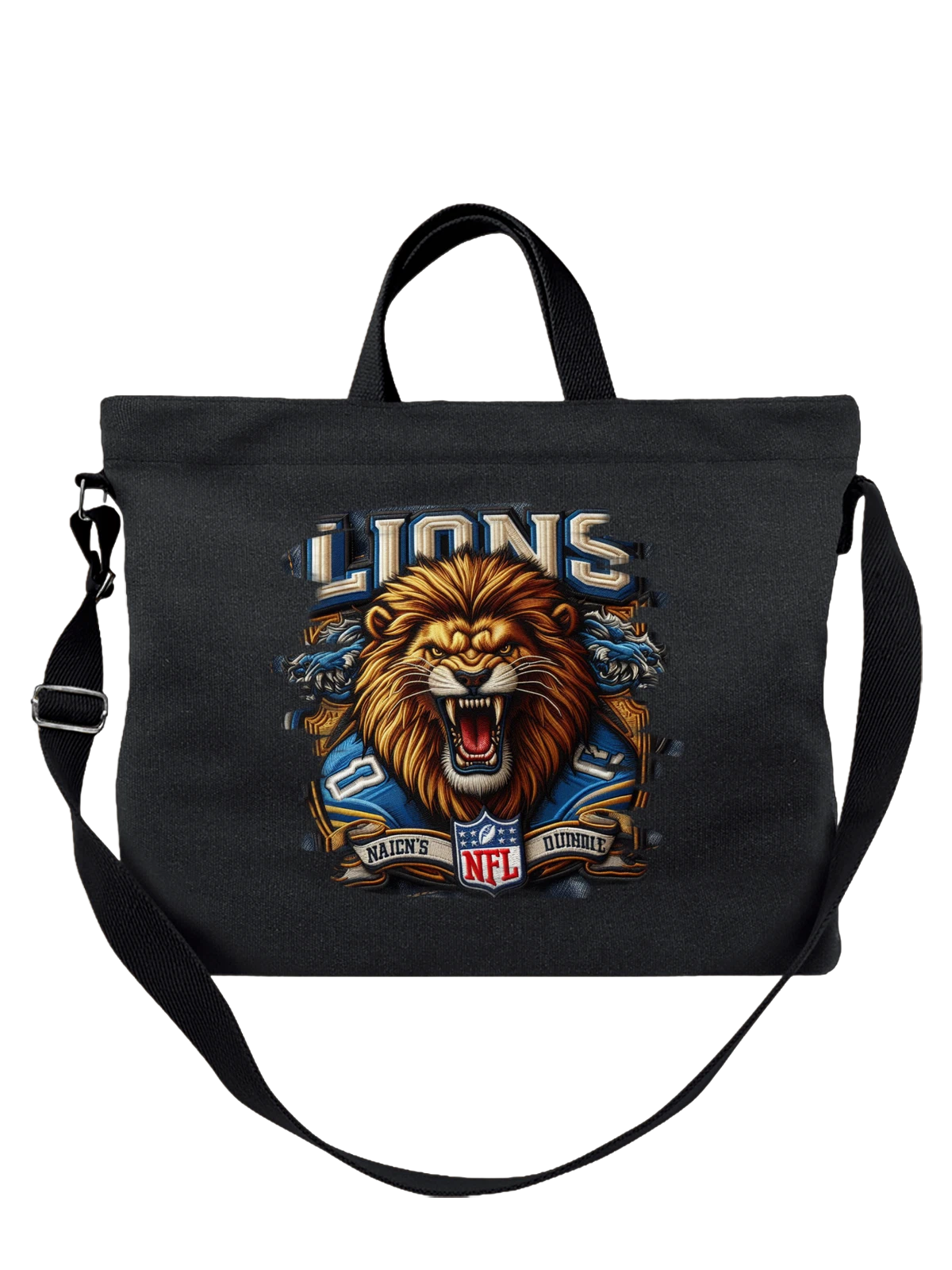 Сумка чёрная с принтом Рычащий лев Detroit Lions NFL с эмблемой — хищник — Чёрная, фото 1
