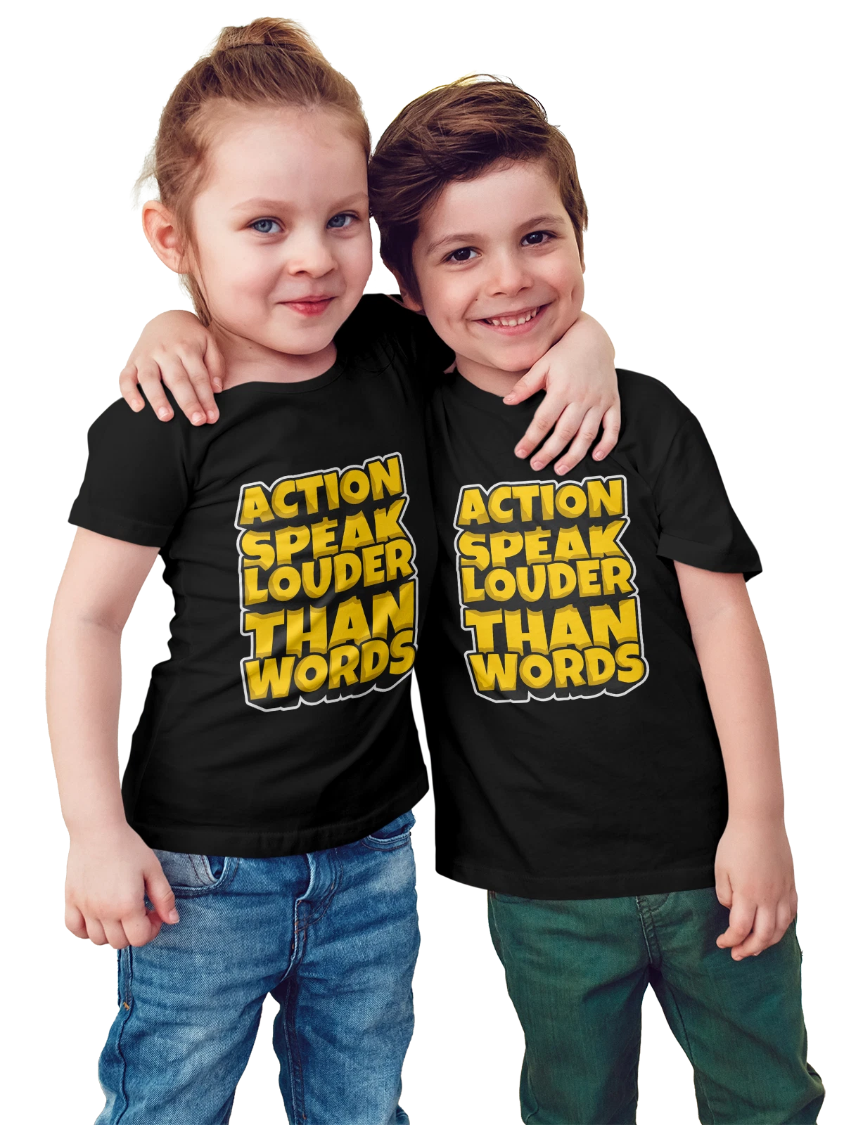 Футболка детская с надписью Action Speak Louder Than Words чёрная с принтом — объемные буквы — Чёрная, фото 1