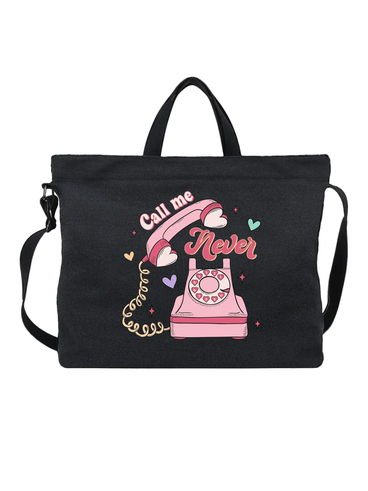 Сумка с розовым роторным телефоном Call me Never чёрная с принтом — vintage — Чёрная, фото 1