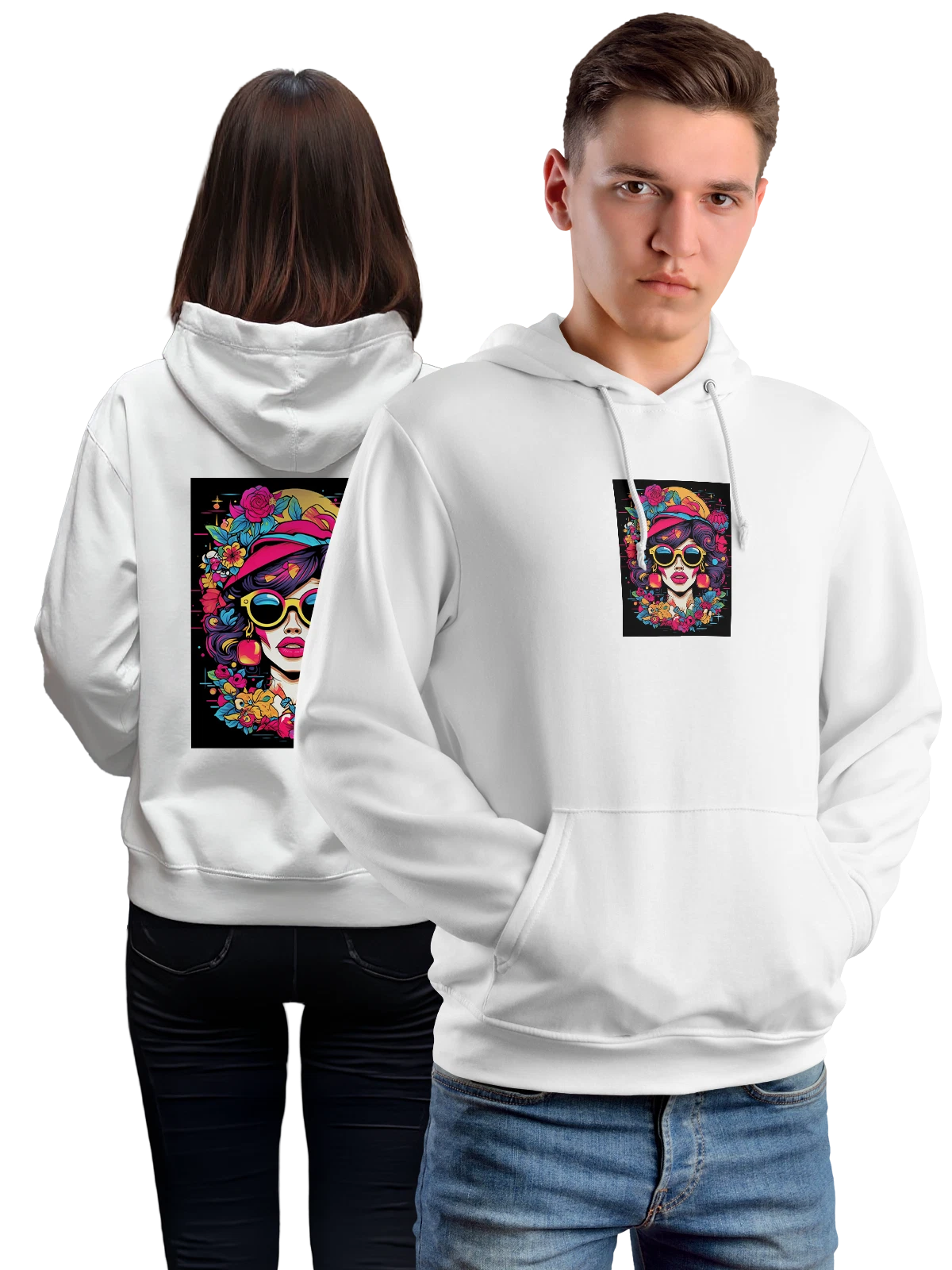 Худи Женщина в солнцезащитных очках и венке белое с принтом — leaves — Белая, фото 1
