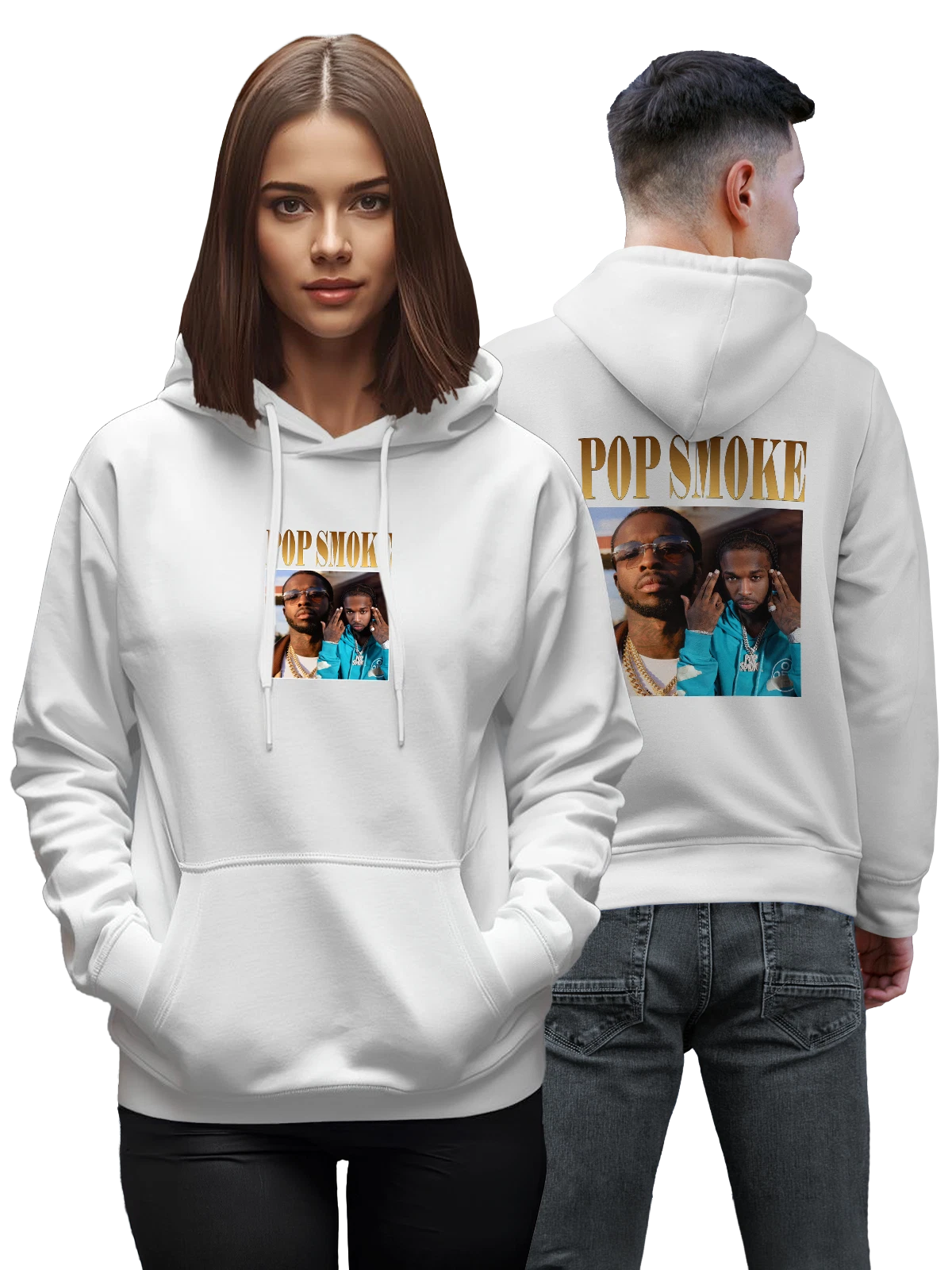 Худи Рэпер Pop Smoke с портретом и цепями белое с принтом — худи — Белая, фото 1
