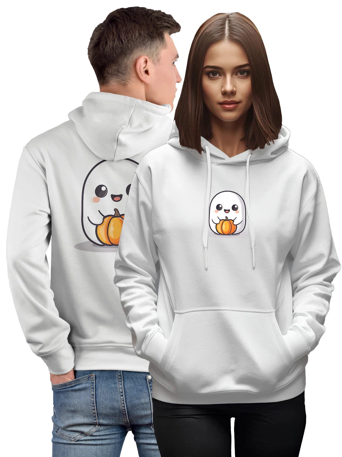 Худи Милый призрак с тыквой на Хэллоуин белое с принтом — детский дизайн — Белая, фото 1