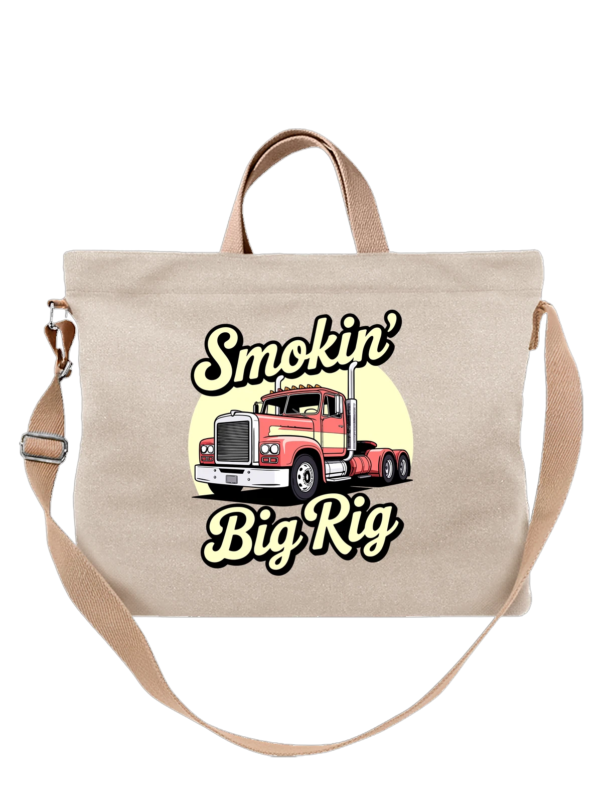 Сумка бежевая с принтом Ретро тягач Big Rig Smokin — дальнобойщик — Бежевая, фото 1