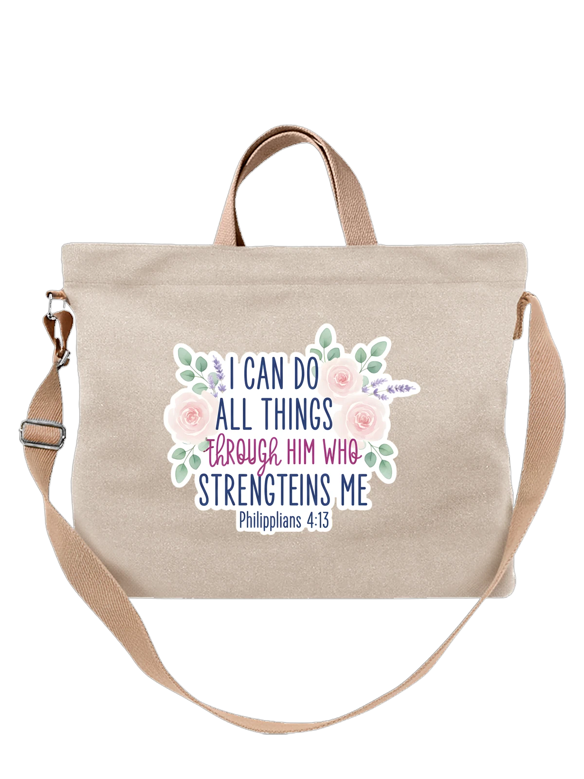 Сумка бежевая с принтом с розами и библейским стихом Philippians 4:13 — leafy wreath — Бежевая, фото 1