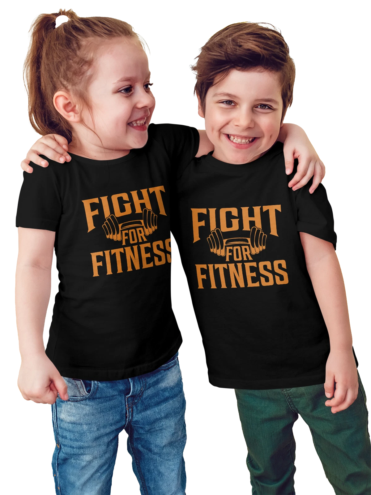 Футболка детская Fight For Fitness с гантелями стильный чёрная с принтом — гантели — Чёрная, фото 1