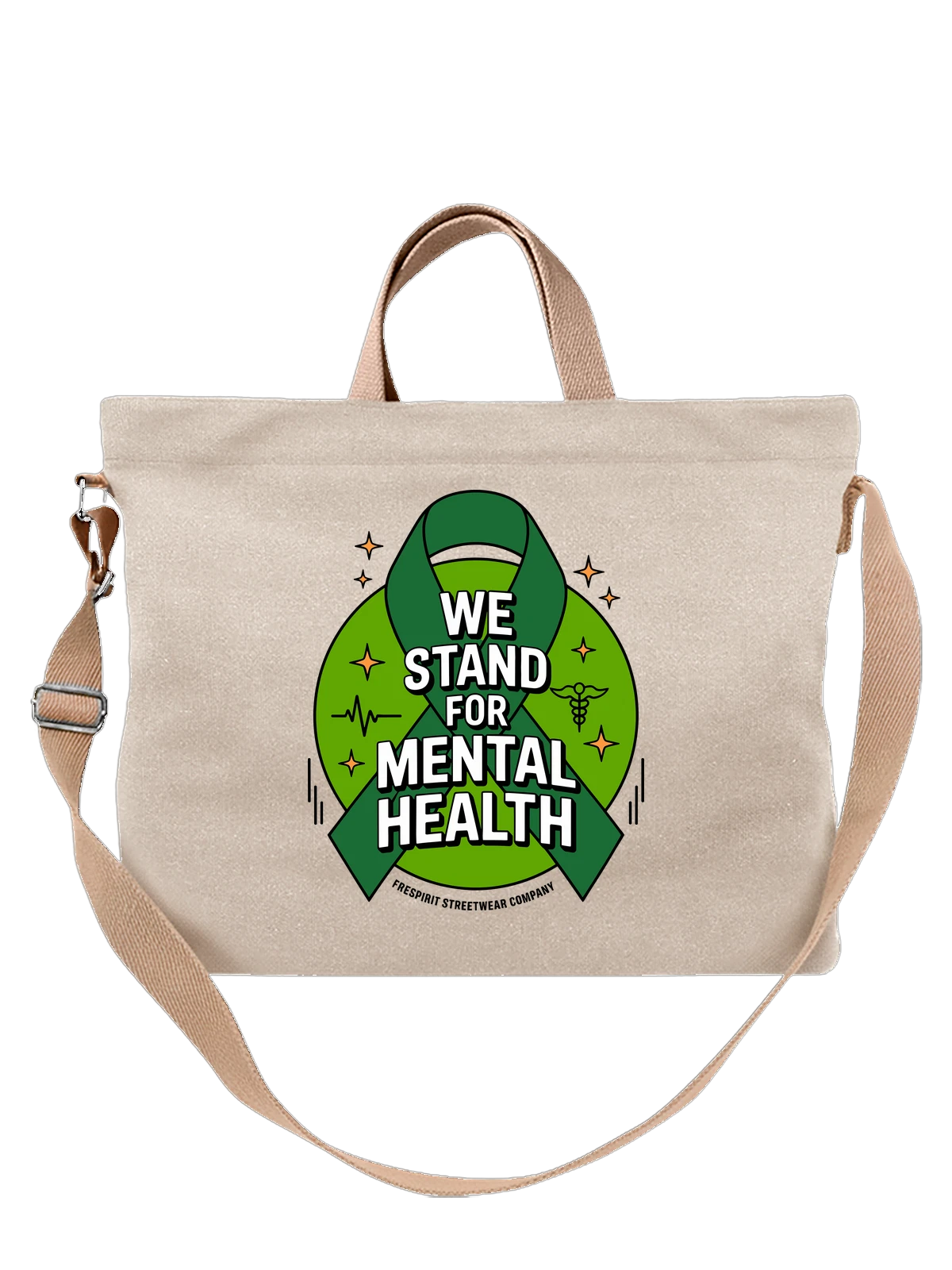 Сумка бежевая с принтом Зеленая лента We Stand for Mental Health — знак солидарности — Бежевая, фото 1