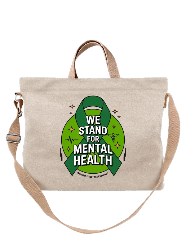 Сумка бежевая с принтом Зеленая лента We Stand for Mental Health — Бежевая, фото 1