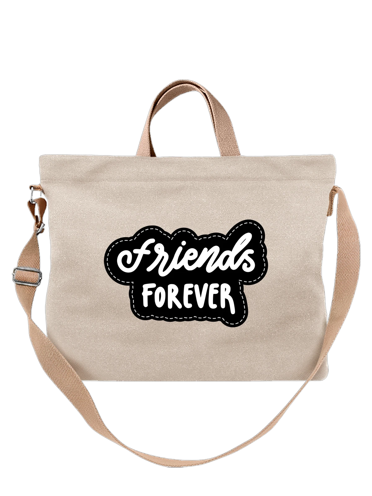 Сумка бежевая с принтом Friends Forever с белой надписью на черном — дружеский принт — Бежевая, фото 1