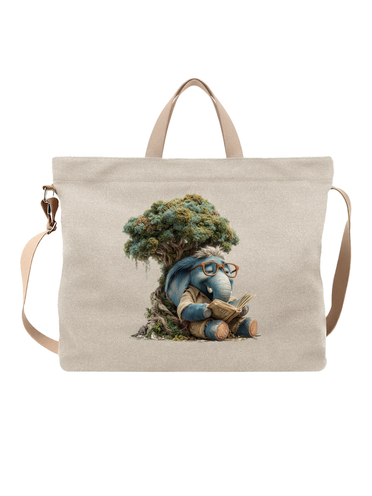 Сумка бежевая с принтом с синим слоном в очках, читающим книгу — folk art — Бежевая, фото 1