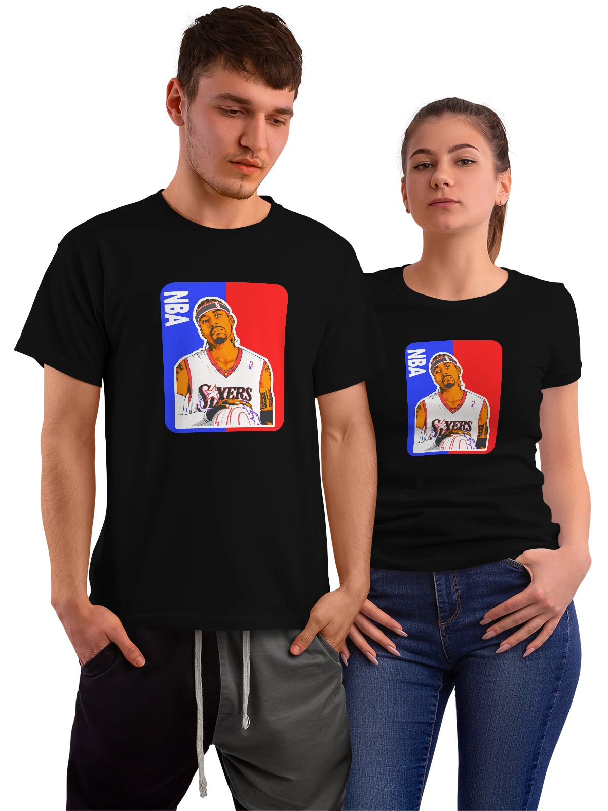 Футболка Баскетболист NBA Sixers на фоне флага чёрная с принтом — форма — Чёрная, фото 1