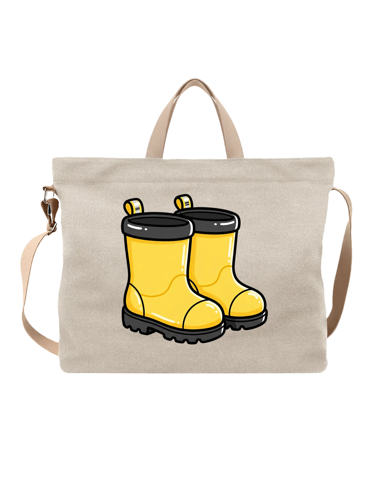 Сумка бежевая с принтом с желтыми резиновыми сапогами — yellow rubber rain boots — Бежевая, фото 1