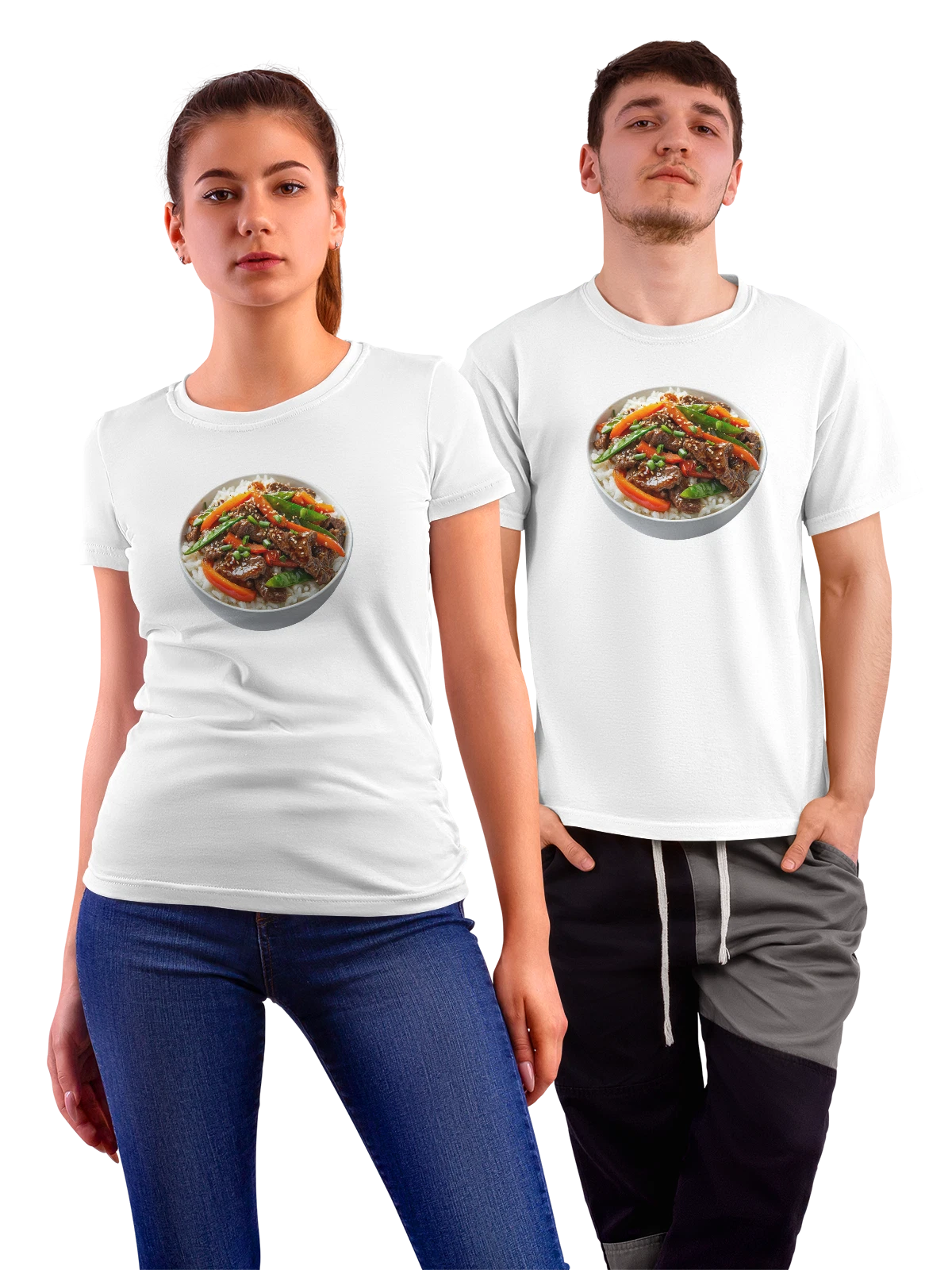 Футболка с рисом и говядиной овощами белая с принтом — рис в миске — Белая, фото 1