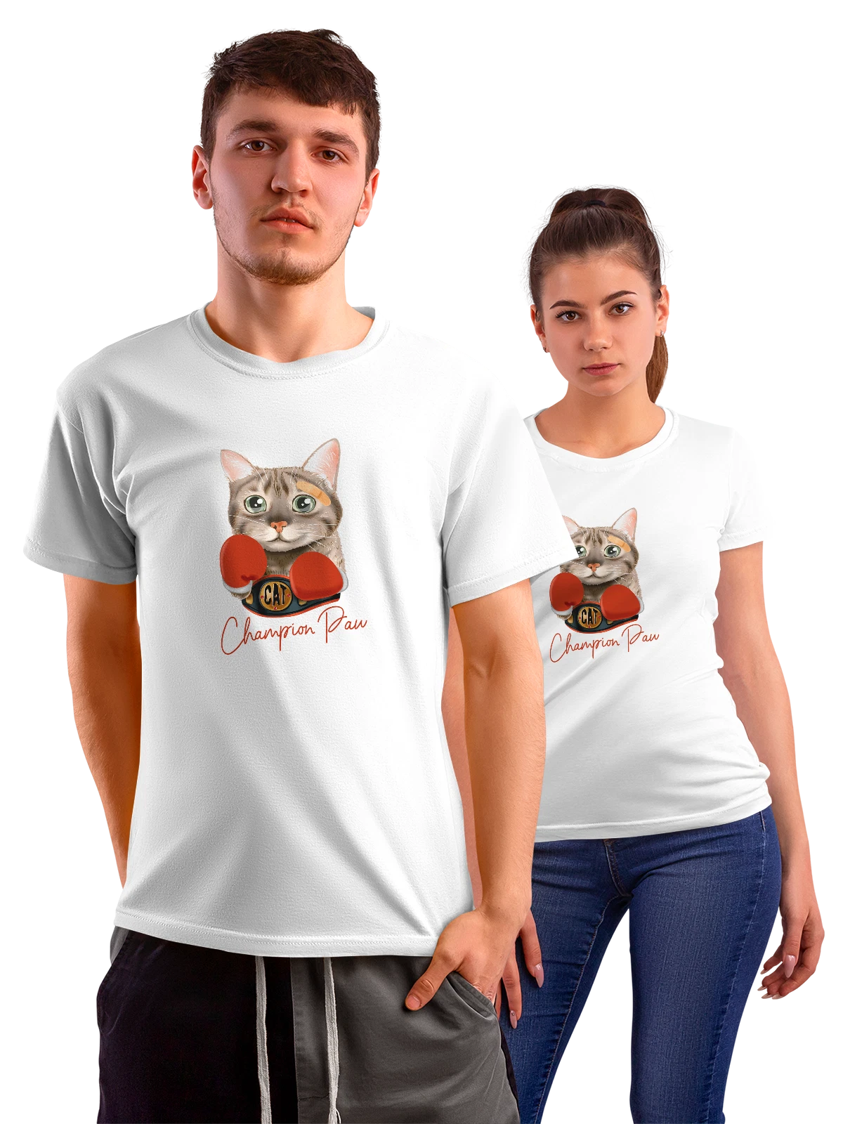 Футболка Кот боксер champion paw белая с принтом — подарок кошатнику — Белая, фото 1