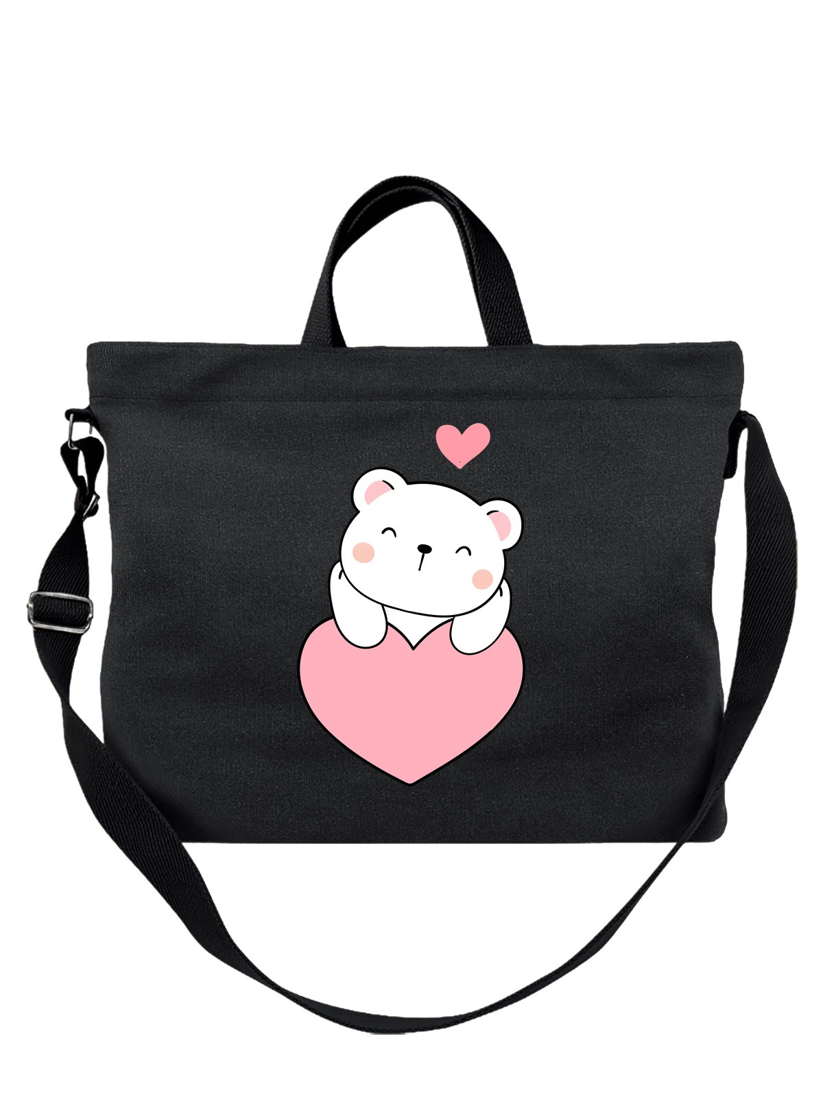 Сумка чёрная с принтом Милый белый медвежонок с сердцем и лапками — kawaii bear — Чёрная, фото 1