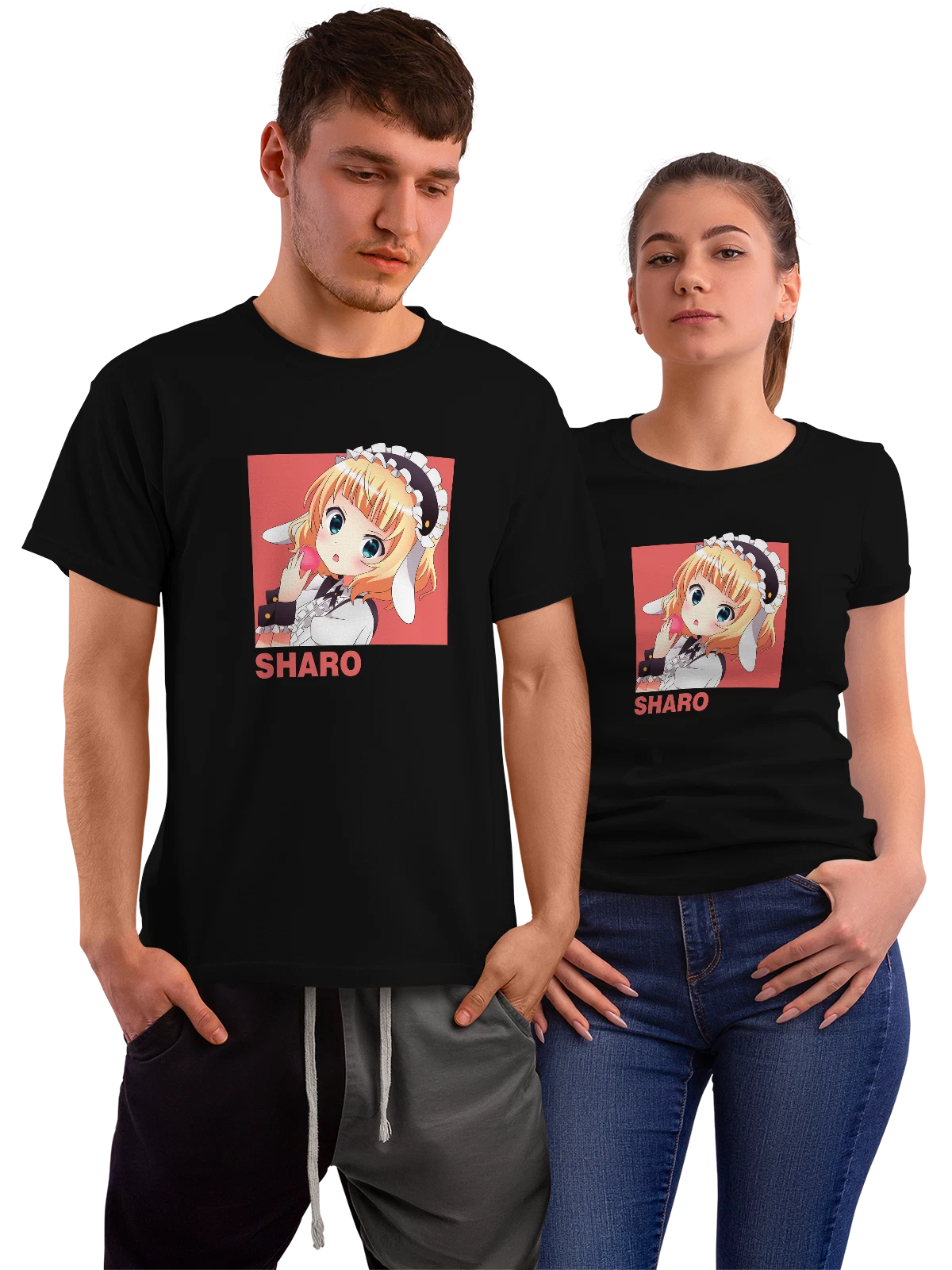 Футболка Аниме горничная с печеньем и розовым макароном чёрная с принтом — белый фартук — Чёрная, фото 1
