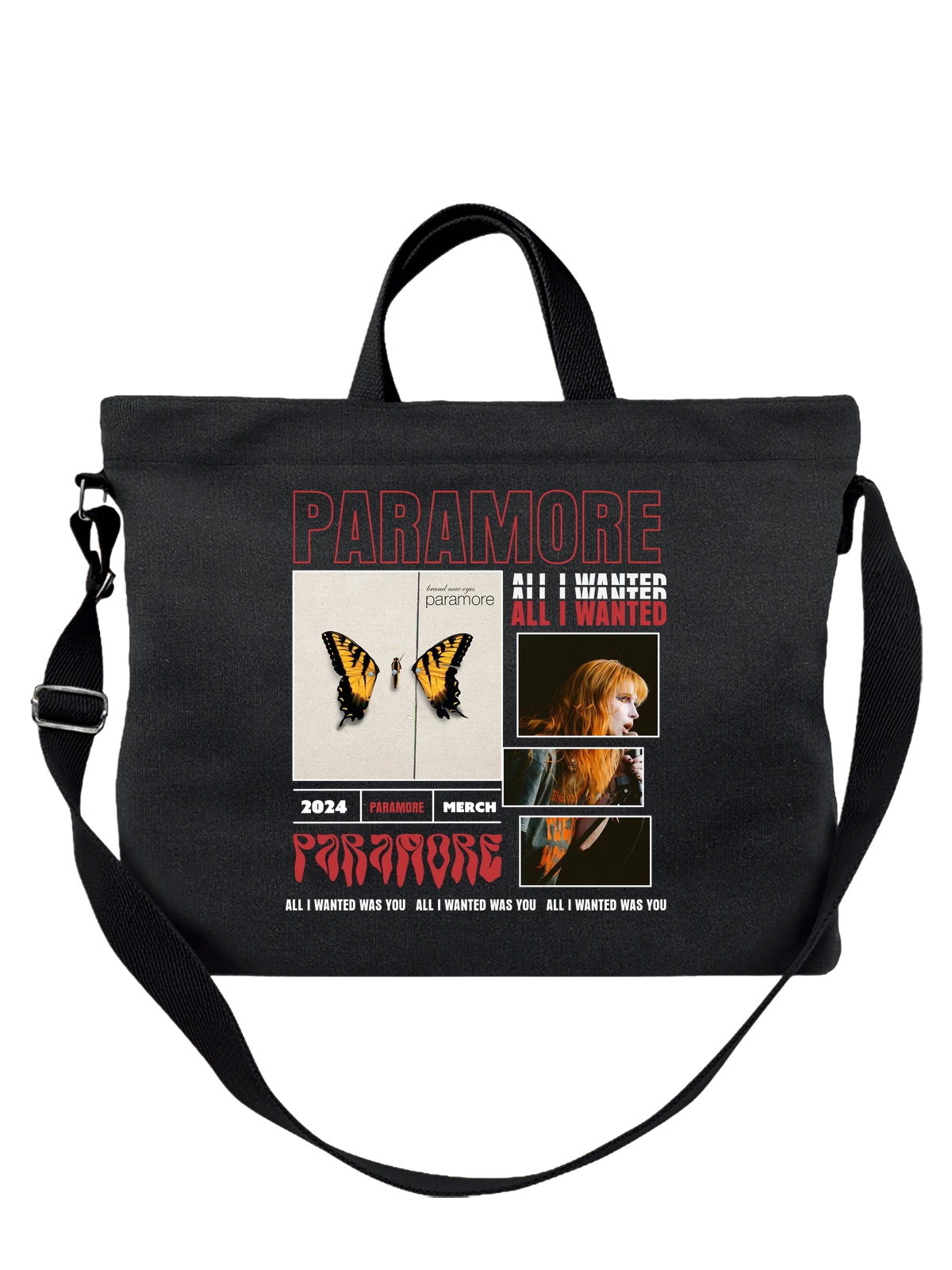 Сумка чёрная с принтом Paramore Brand New Eyes бабочка и певица с крыльями — альтернативный рок — Чёрная, фото 1