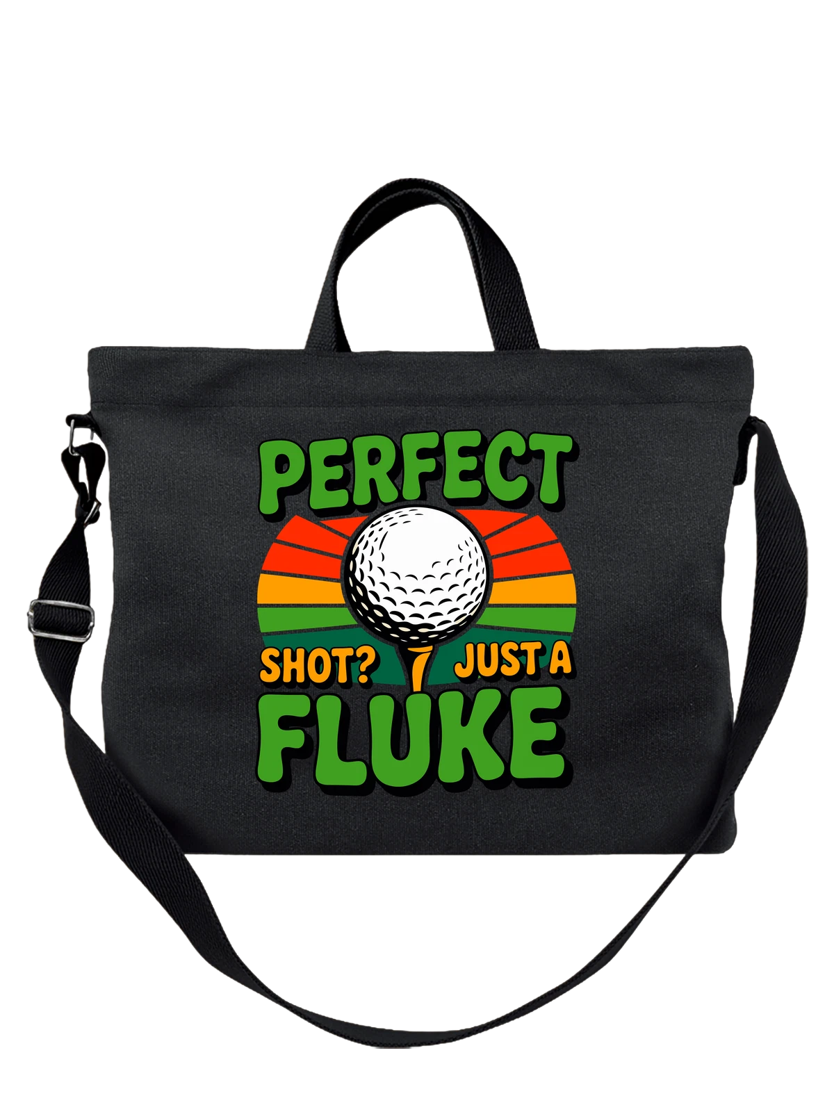 Сумка чёрная с принтом для гольфа с надписью Perfect Fluke Shot — юмор про гольф — Чёрная, фото 1