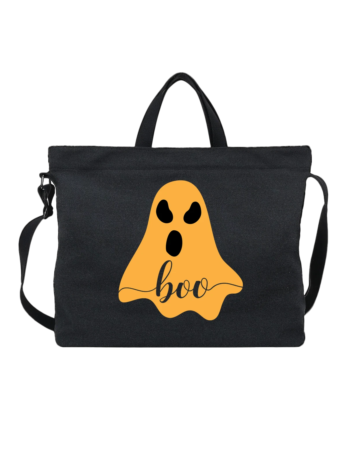 Сумка чёрная с принтом Оранжевый ghost с черными глазами — minimalist ghost — Чёрная, фото 1