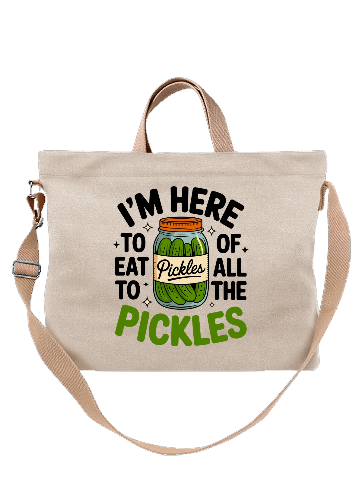 Сумка бежевая с принтом Банка маринованных огурцов Pickles — этикетка с надписью — Бежевая, фото 1