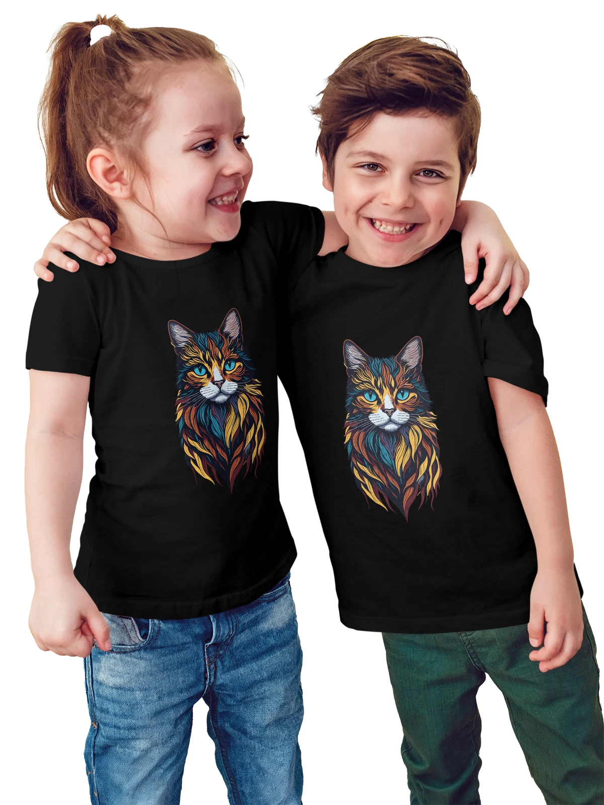 Футболка детская Мейн-кун Maine Coon мультфильм кот домашний питомец чёрная с принтом — пушистый кот — Чёрная, фото 1