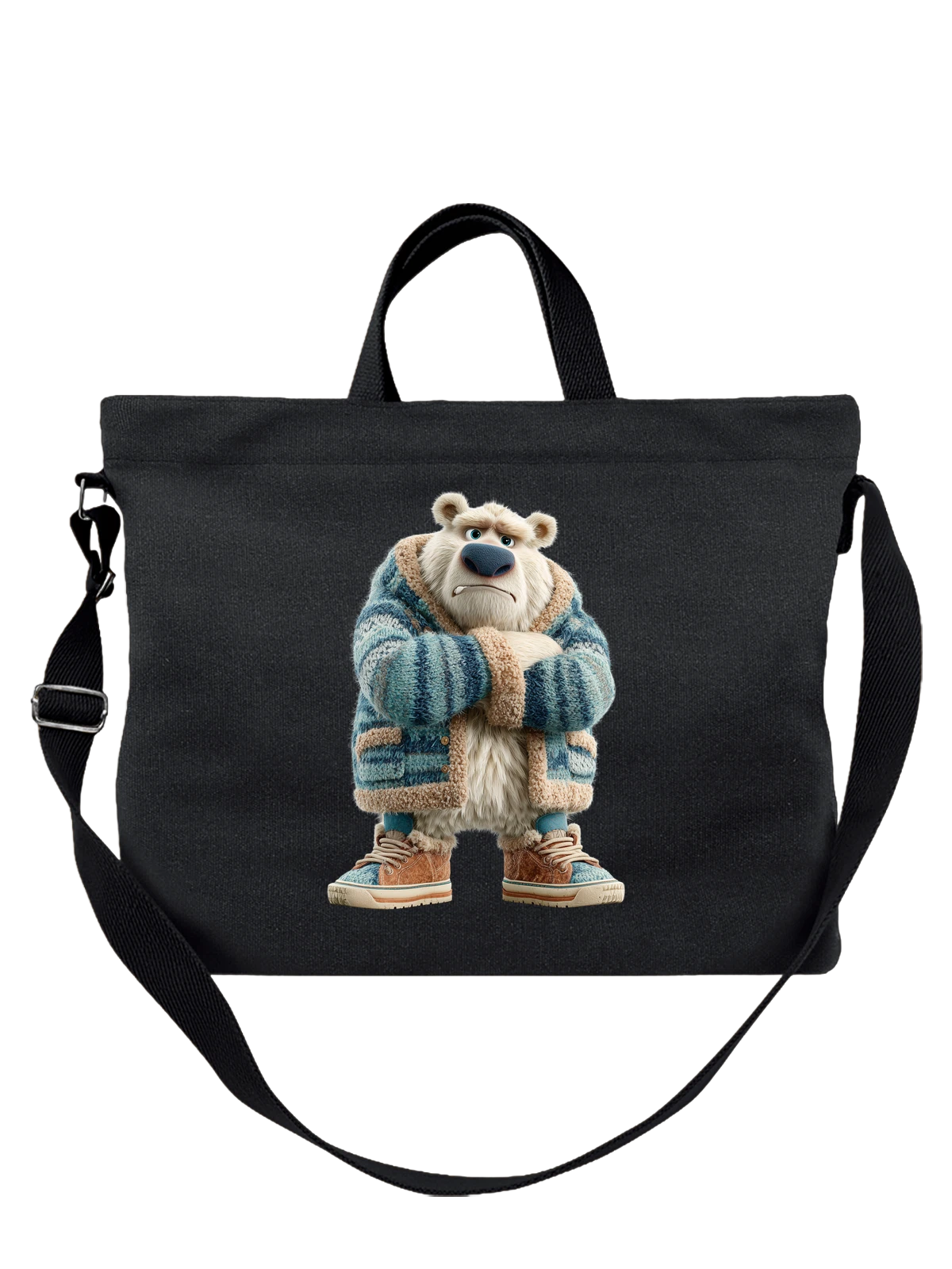 Сумка чёрная с принтом Сердитый полярный медведь в куртке — северный зверь — Чёрная, фото 1