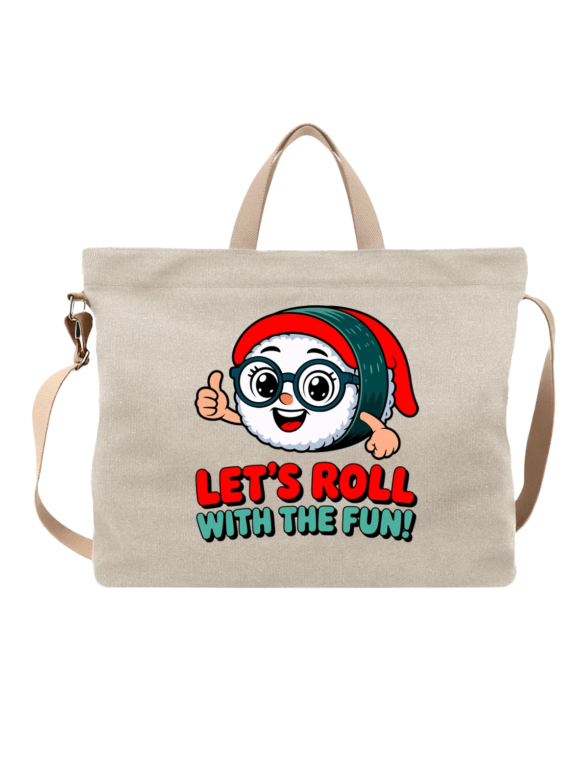 Сумка бежевая с принтом Санта Клаус в очках Lets Roll With The Fun — праздничный принт — Бежевая, фото 1