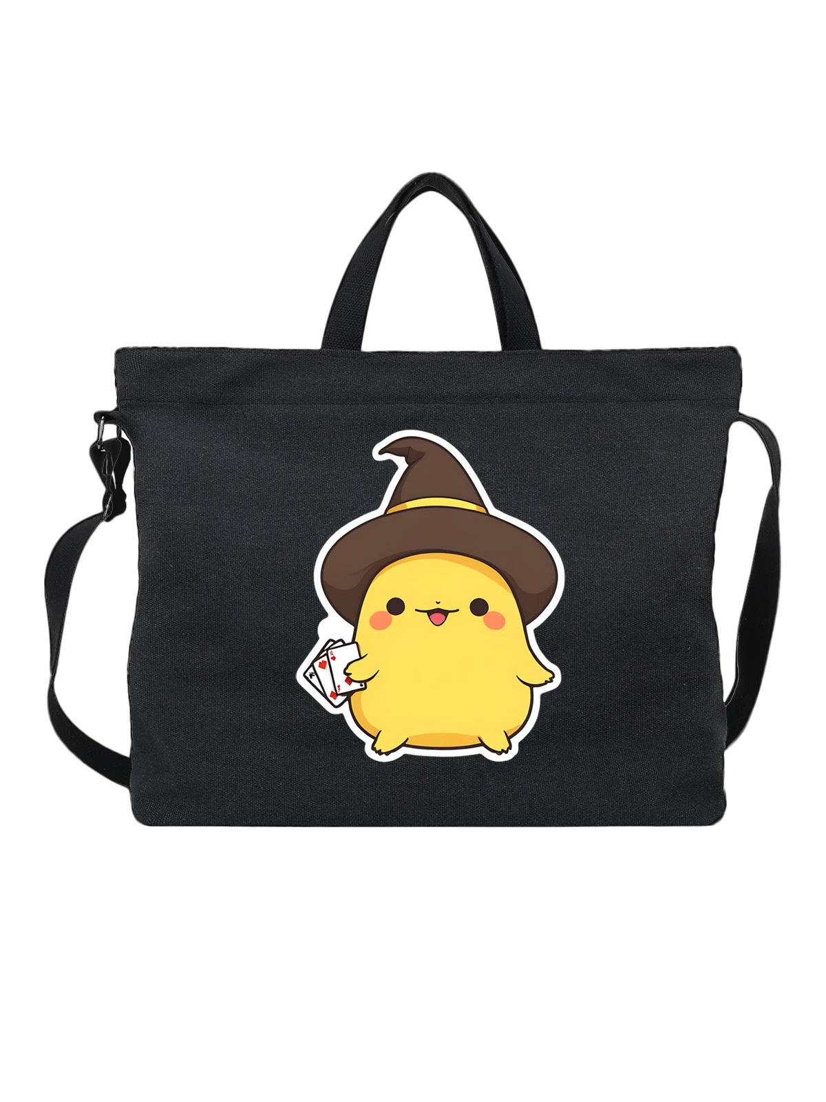 Сумка чёрная с принтом Милый цыпленок в шляпе с игральными картами — cute chick — Чёрная, фото 1