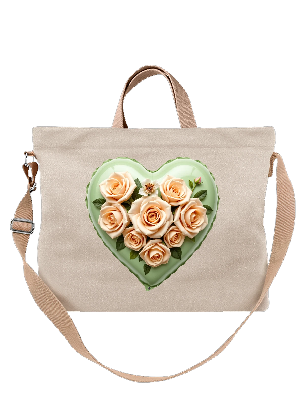 Сумка бежевая с принтом Сердце с кремовыми розами и белым цветком — floral heart — Бежевая, фото 1