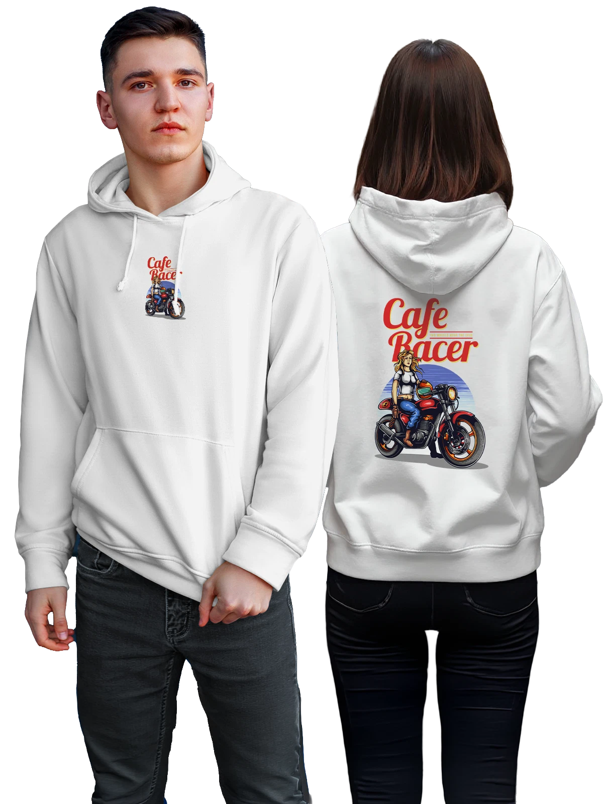 Худи Девушка на мотоцикле Cafe Racer белое с принтом — мотоцикл принт — Белая, фото 1