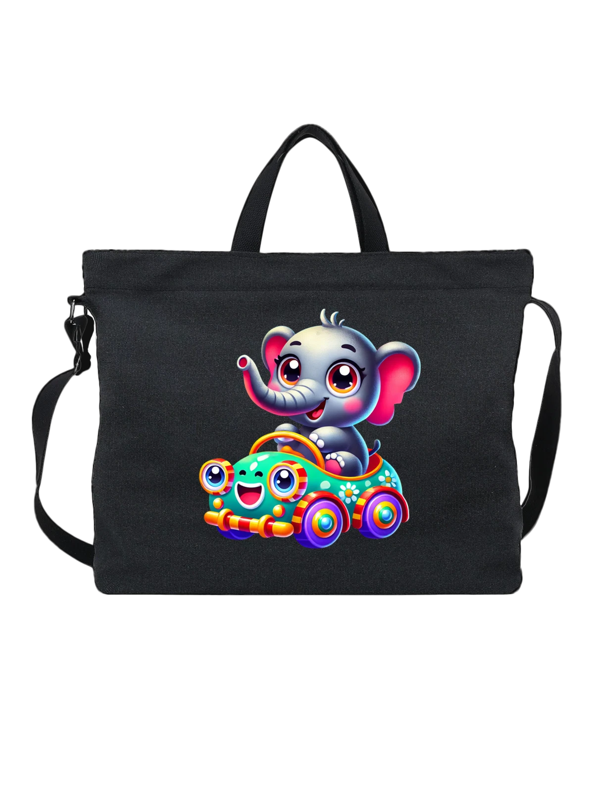 Сумка чёрная с принтом Baby elephant в игрушечной машинке — животное — Чёрная, фото 1