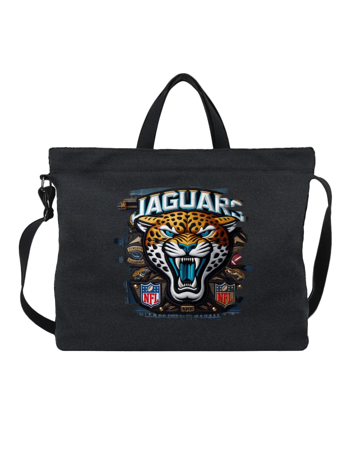 Сумка Jaguar с тигром и логотипами NFL чёрная с принтом — логотип nfl — Чёрная, фото 1