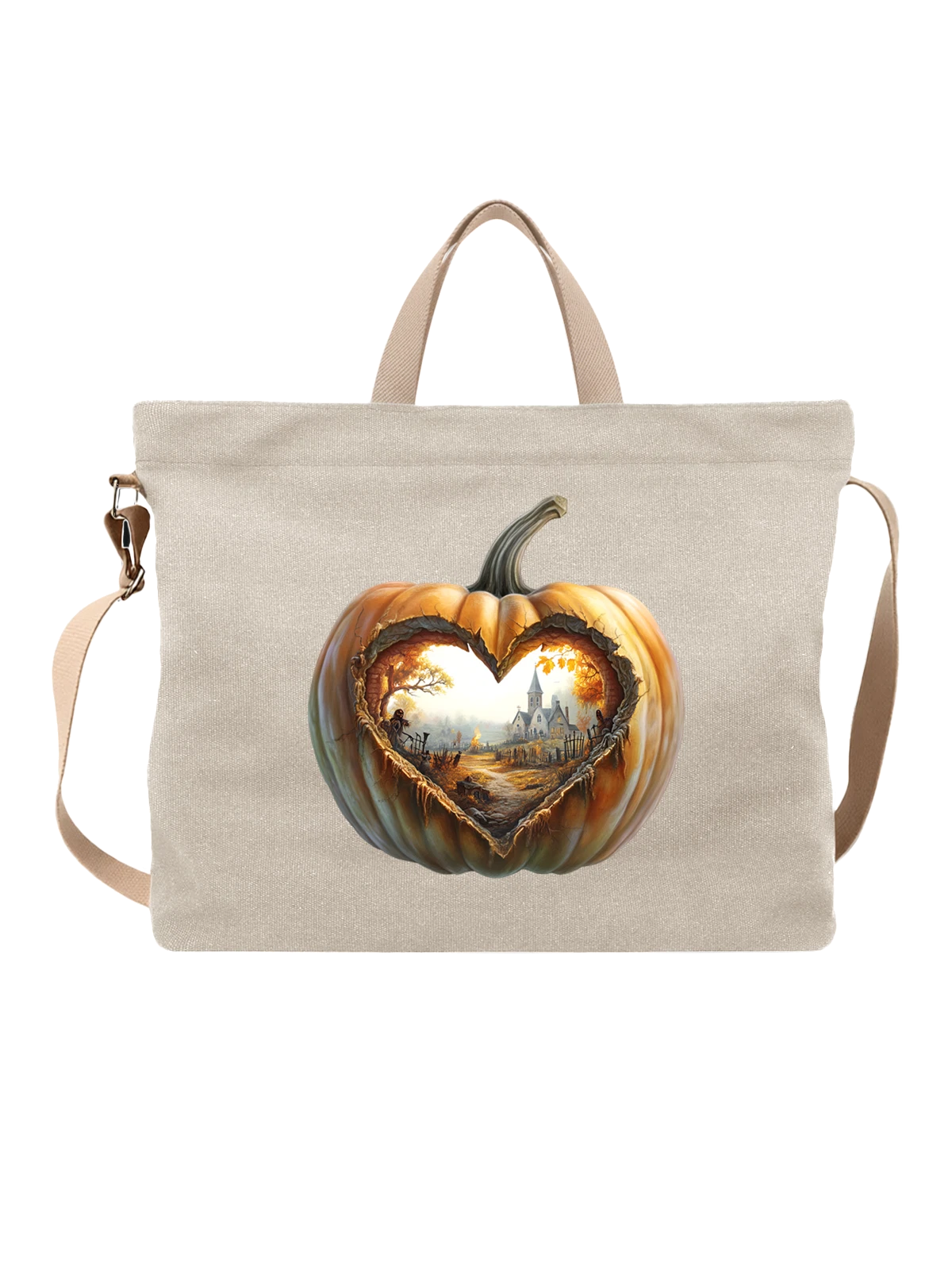 Сумка Carved heart pumpkin с церковью и кладбищем белая с принтом — spooky pumpkin art — Белая, фото 1