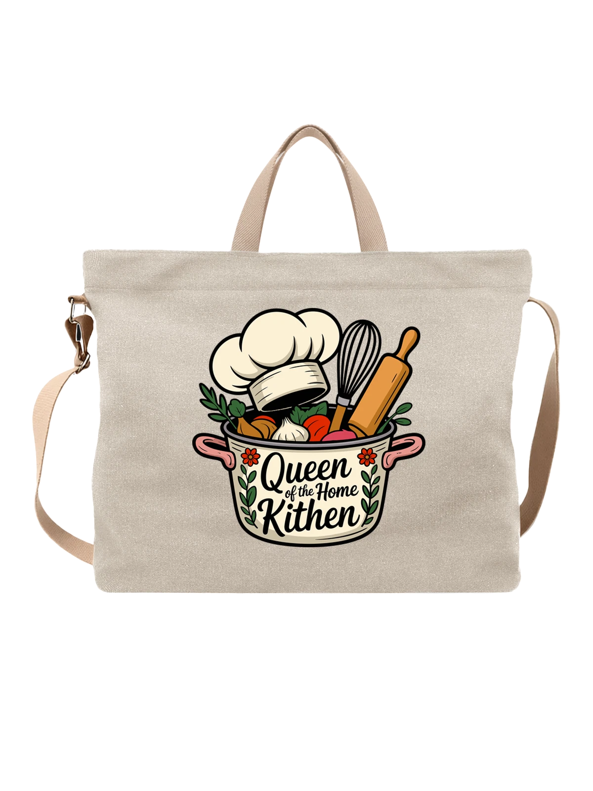 Сумка бежевая с принтом Queen of the Home Kitchen кастрюля — кухонные принадлежности — Бежевая, фото 1