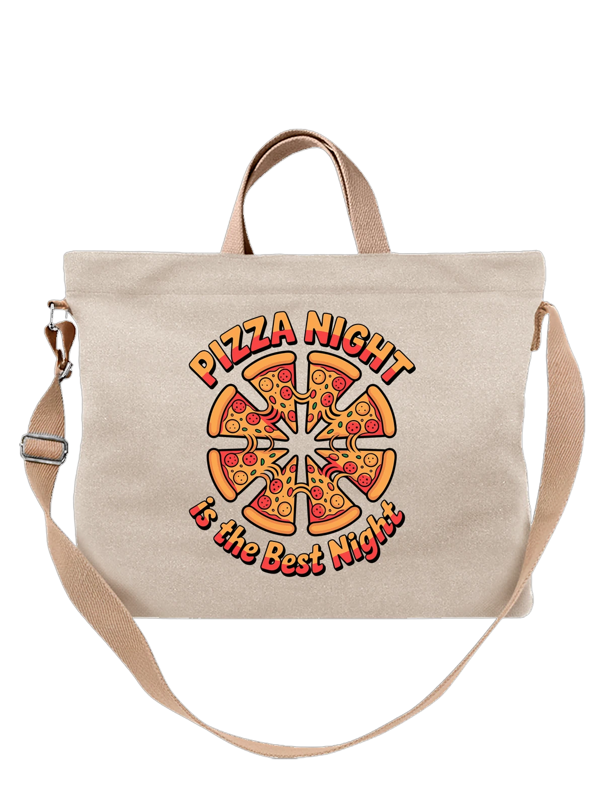 Сумка бежевая с принтом Pizza Night с надписью и пиццей — доставка — Бежевая, фото 1