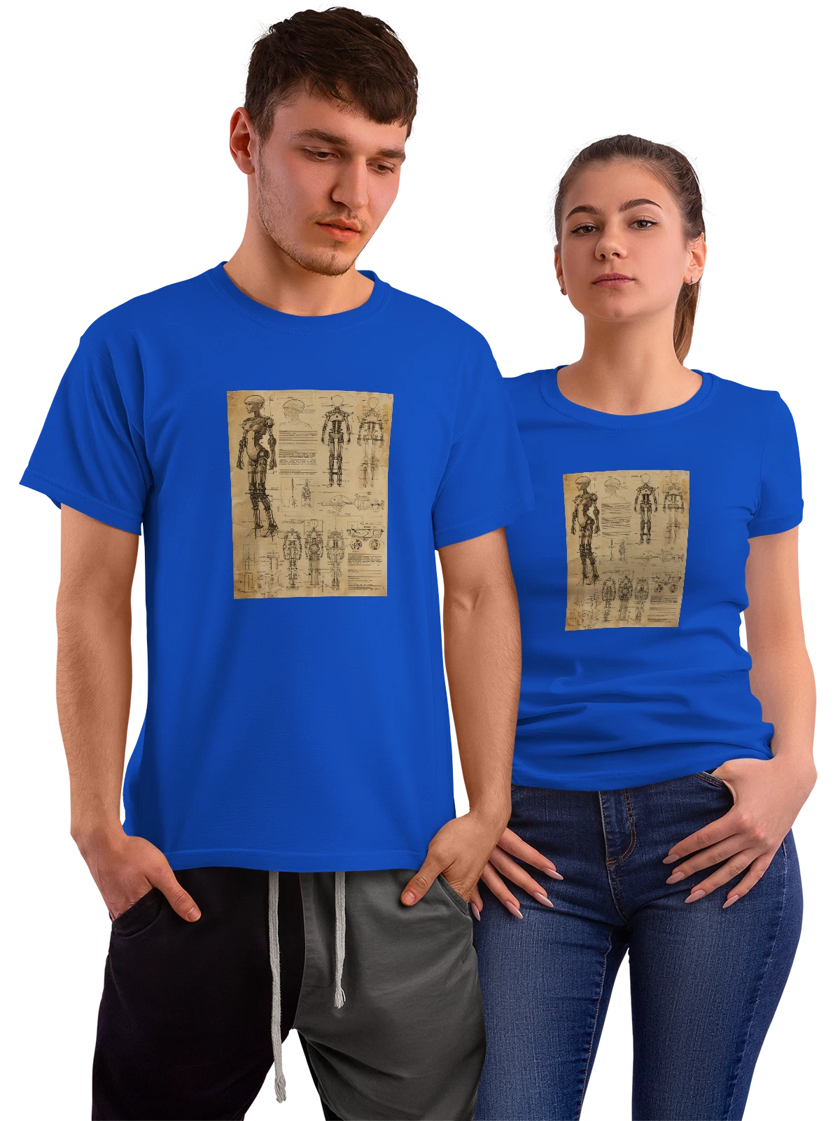 Футболка Female android в техническом blueprint синяя с принтом — сборочный чертеж — Синяя, фото 1