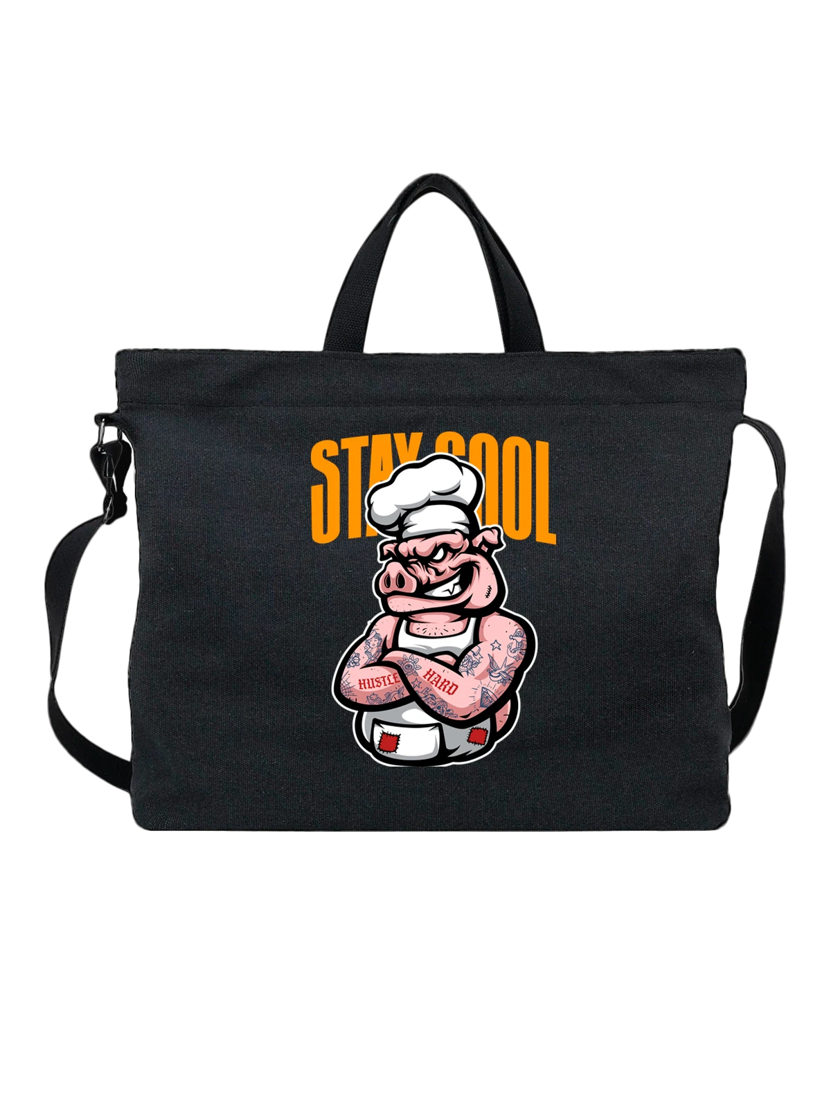 Сумка чёрная с принтом Свинья повар stay cool — животный мир — Чёрная, фото 1
