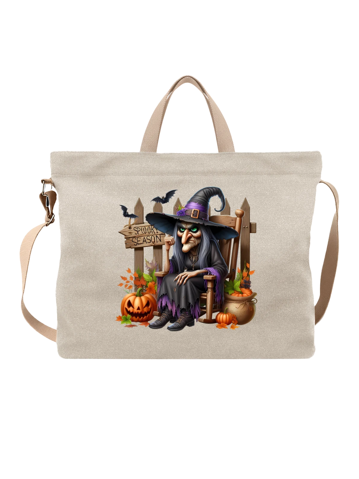 Сумка бежевая с принтом Ведьма на тыквенном троне Spooky Season — магия — Бежевая, фото 1