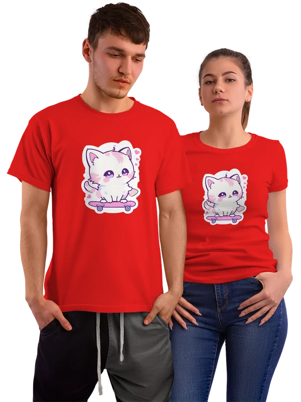 Футболка милый котенок на розовом скейтборде — Красная, фото 1