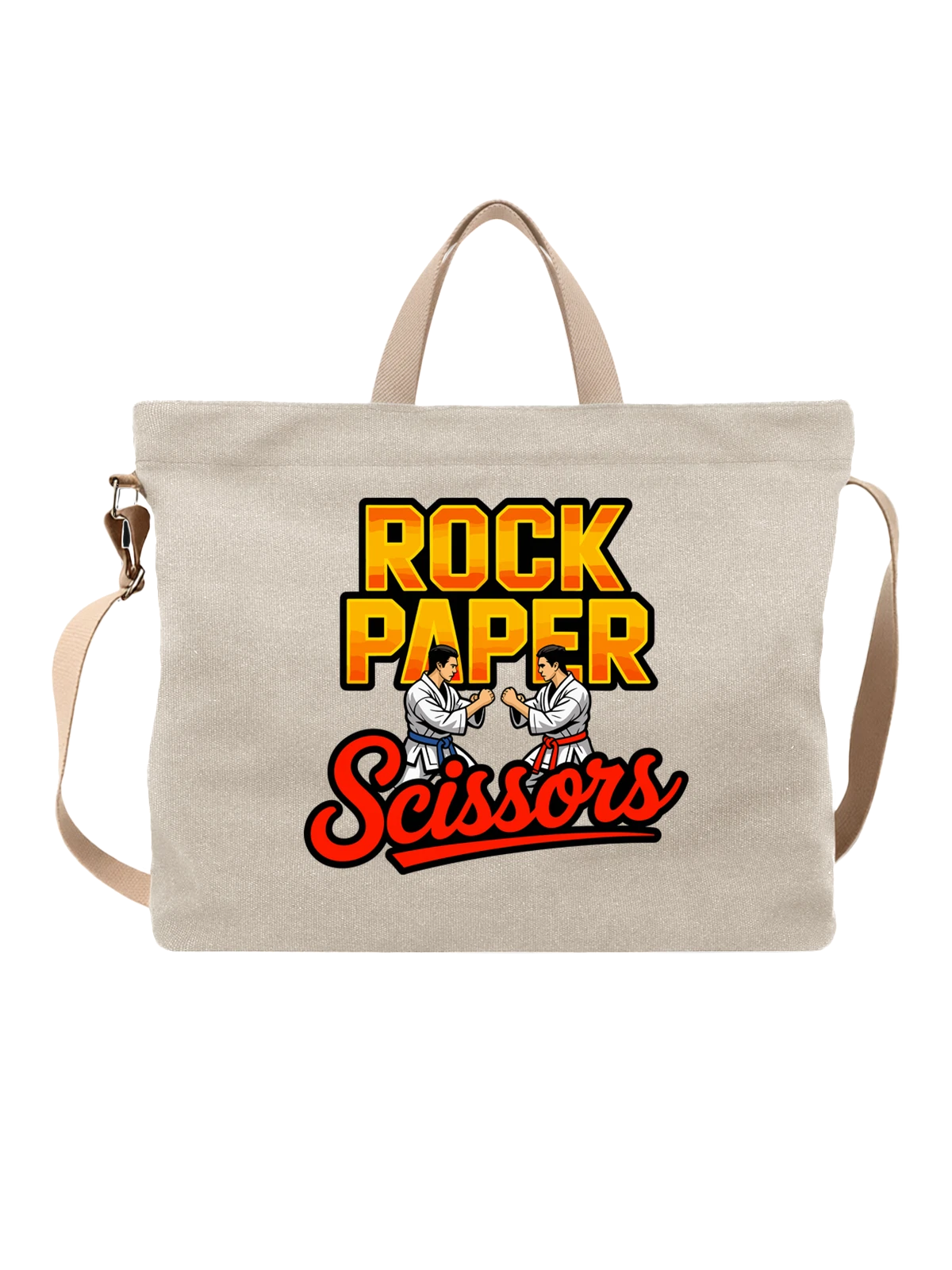 Сумка бежевая с принтом Rock Paper каратисты Seissors — два спортсмена — Бежевая, фото 1