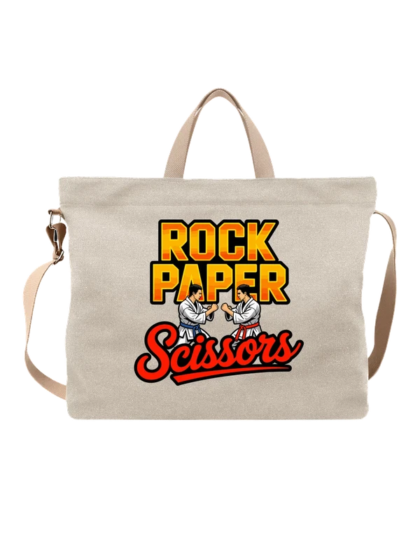 Сумка бежевая с принтом Rock Paper каратисты Seissors — Бежевая, фото 1