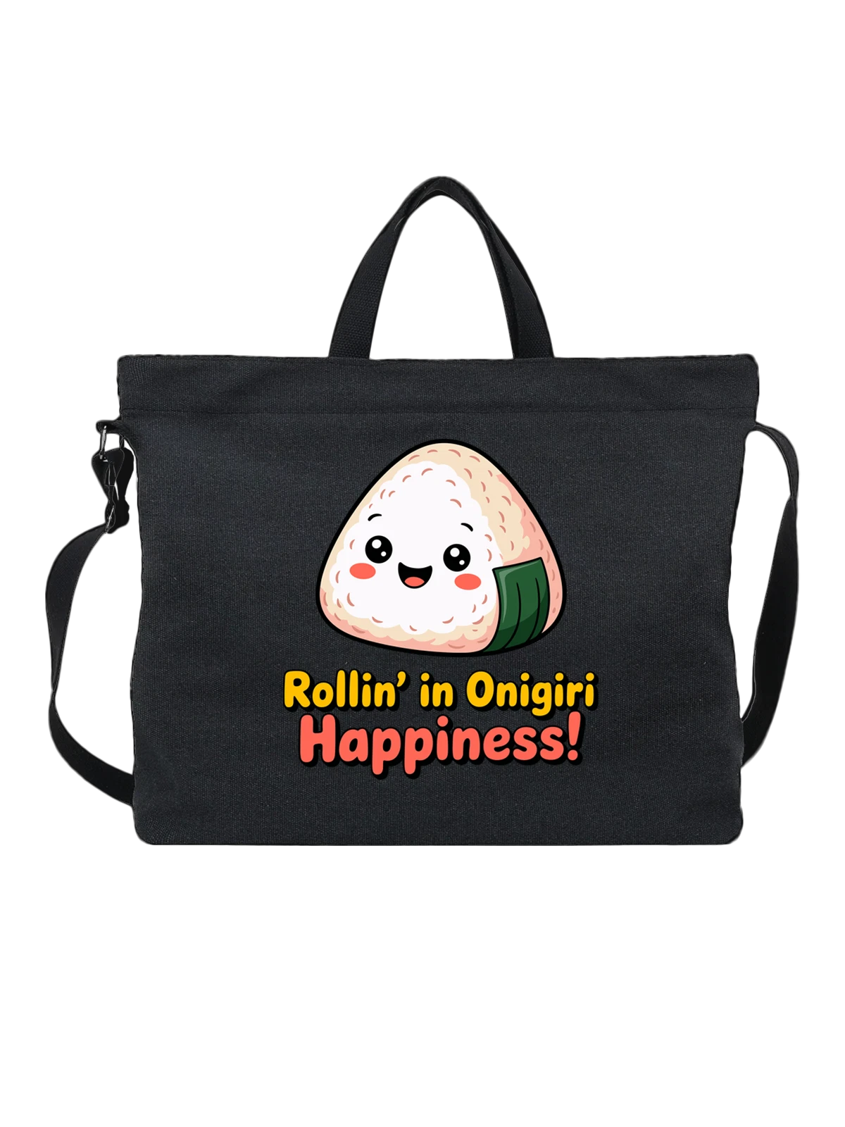Сумка чёрная с принтом Милый онигири Rollin in Onigiri — мультяшный персонаж — Чёрная, фото 1