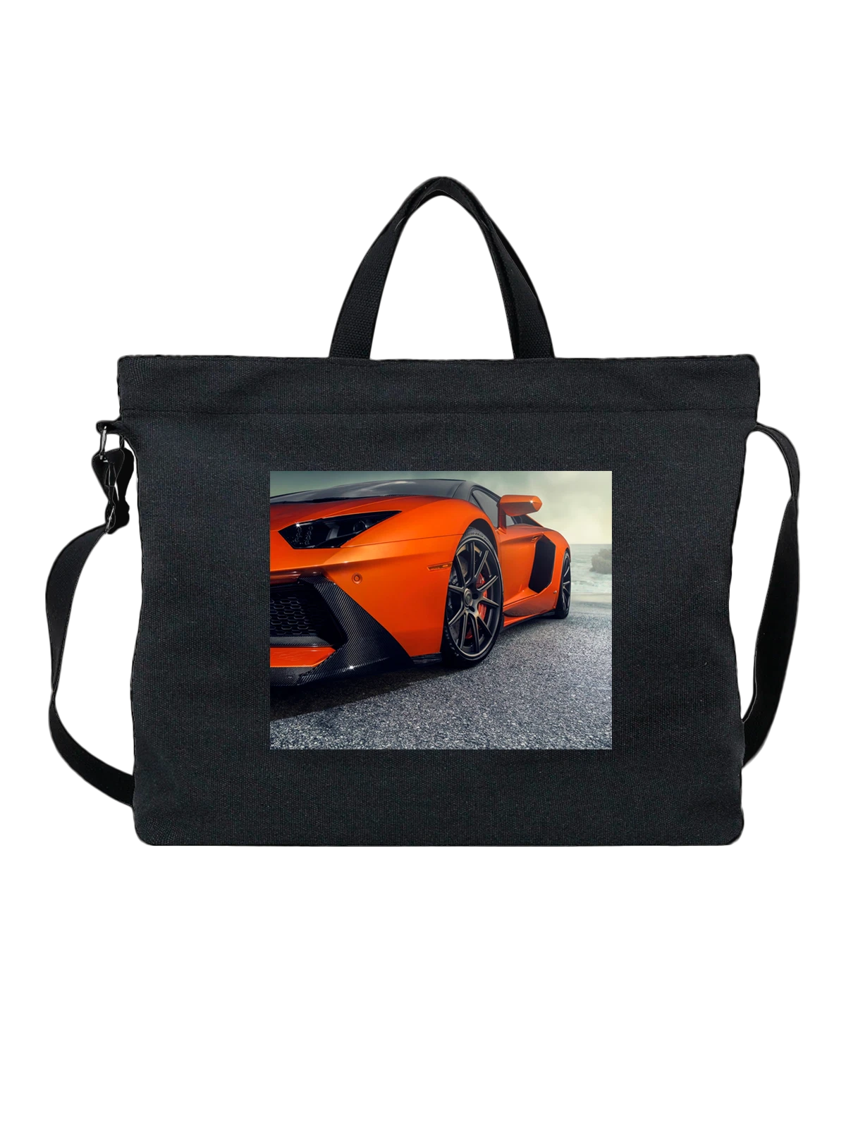 Сумка чёрная с принтом Машина Lamborghini от бампера — мощный двигатель — Чёрная, фото 1